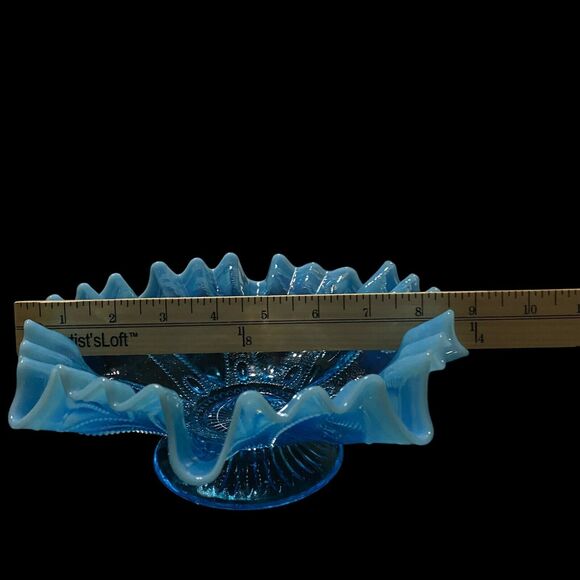 Nothwood Opalescent Blue Antique Glass Roulette Bowl 1906 Crimped Ruffled Edge - Picture 10 of 10